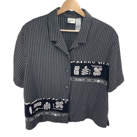 Koret Womens Button Down Shirt Top Short Sleeve Vintage Black White Petite XL - Picture 10 of 11